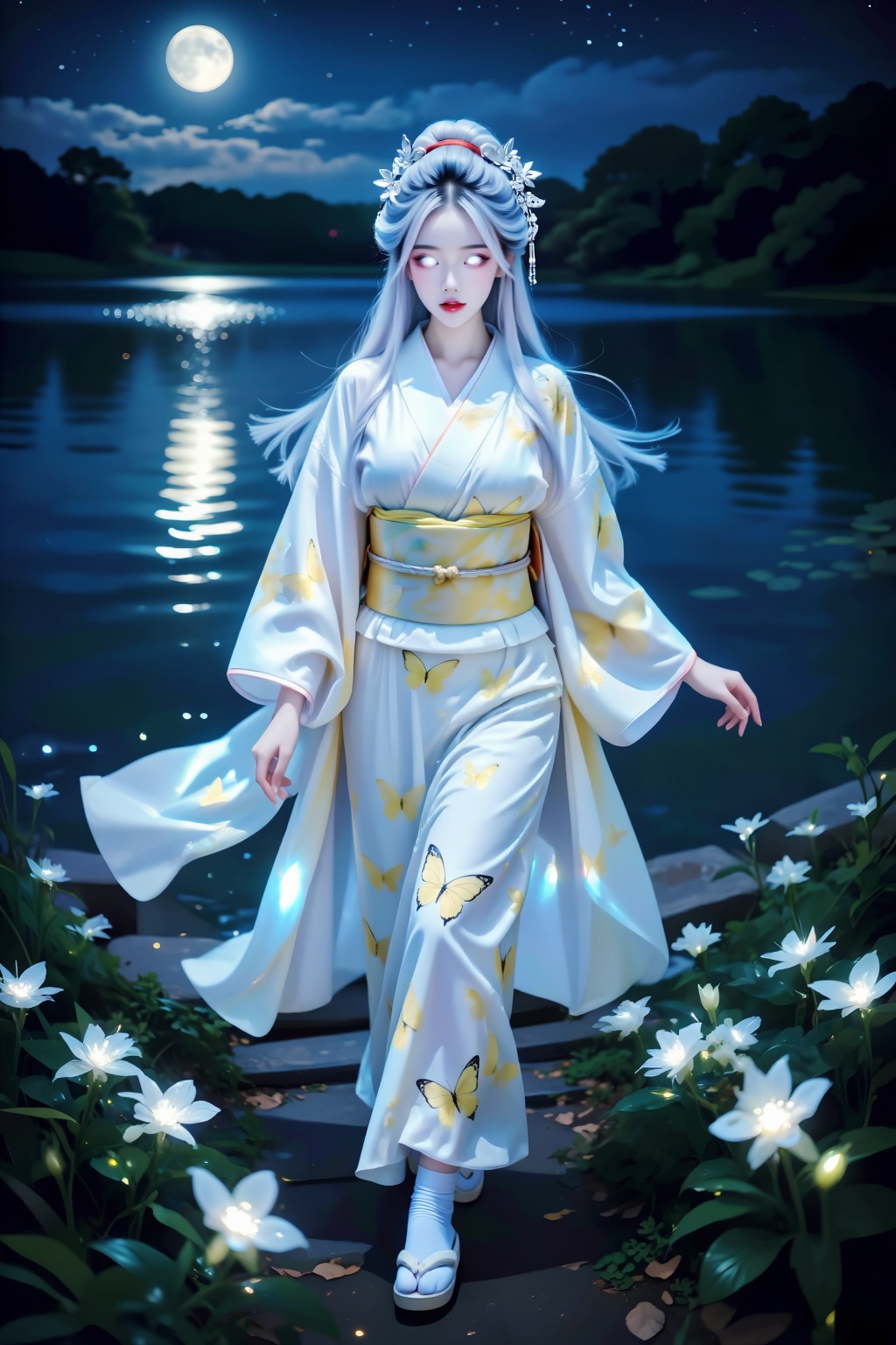 Score_9,  depicts a tranquil lake scene reflecting white moonlight. The beautiful lake reflecting white moonlight,  the fa...