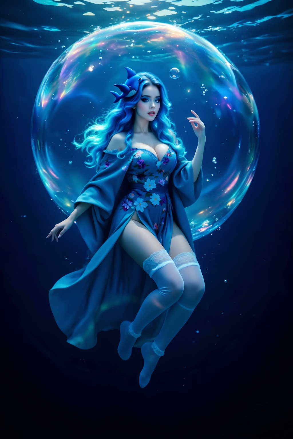 Top quality. Inspiration: Ocean,  floating. Image content: A young woman is enveloped in a large ocean bubble. She has a v...