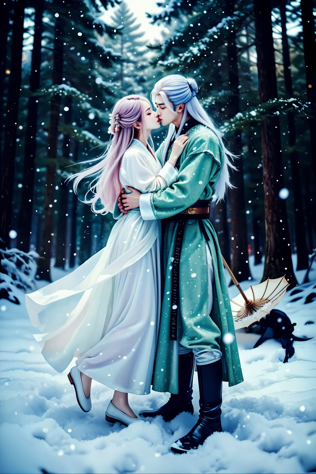 Score_9 Looking back at the fading lights of the world,  waiting for a kiss that will last a lifetime. Close-up: Depicted...