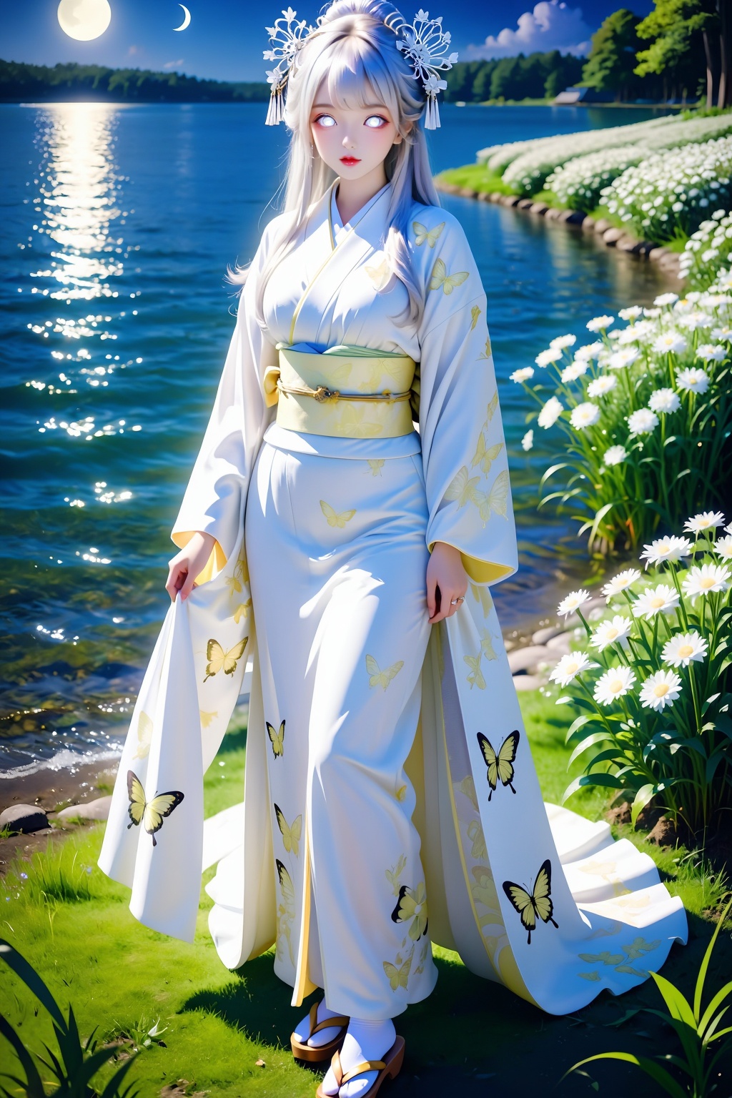 Score_9,  depicts a tranquil lake scene reflecting white moonlight. The beautiful lake reflecting white moonlight,  the fa...
