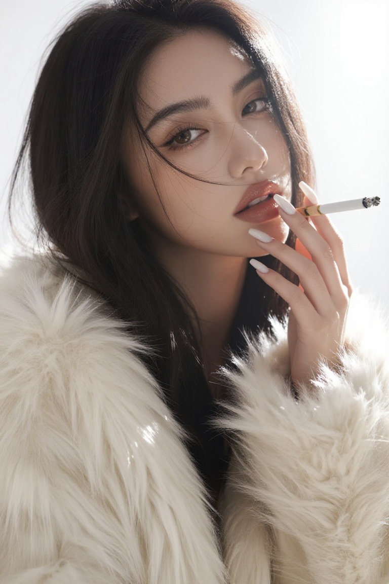 A young woman with dark hair and light brown eyes is captured in a medium close-up shot. She's wearing a luxurious,  cream...