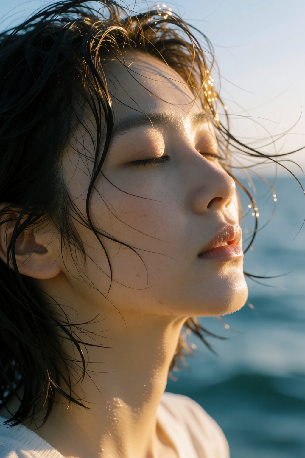 特写镜头,  一位亚洲女性的侧脸,  短发微湿 on Tensor.Art