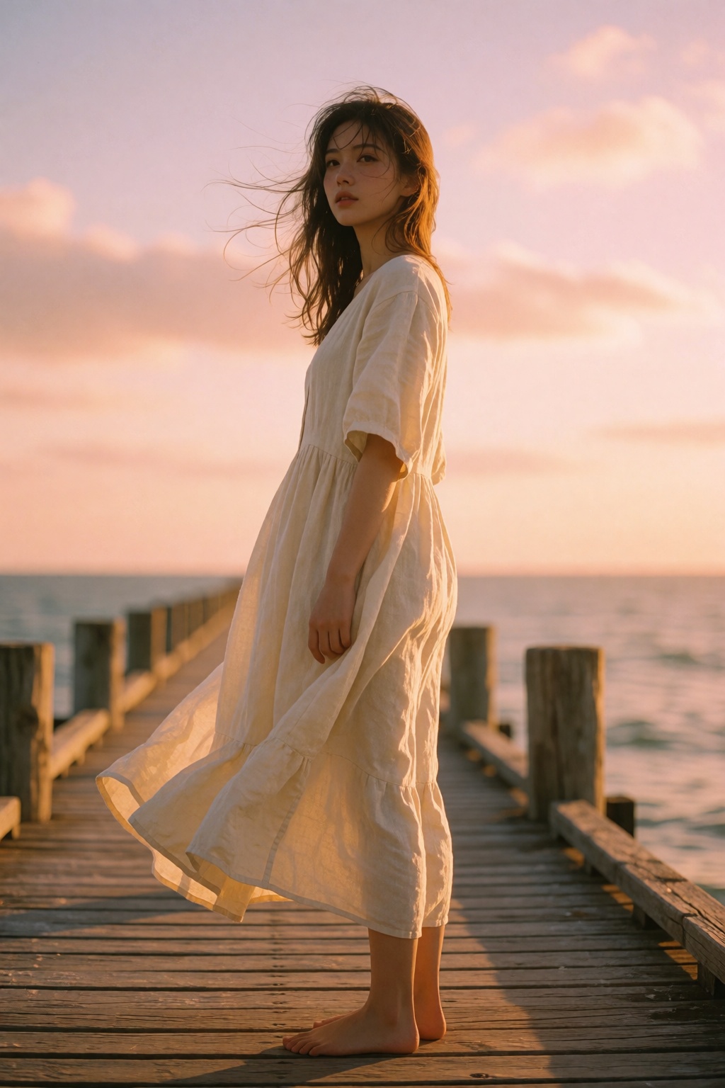 A young woman in a loose cream-colored linen dress stands barefoot on a wooden pier at sunset. Her hair is gently blown by...