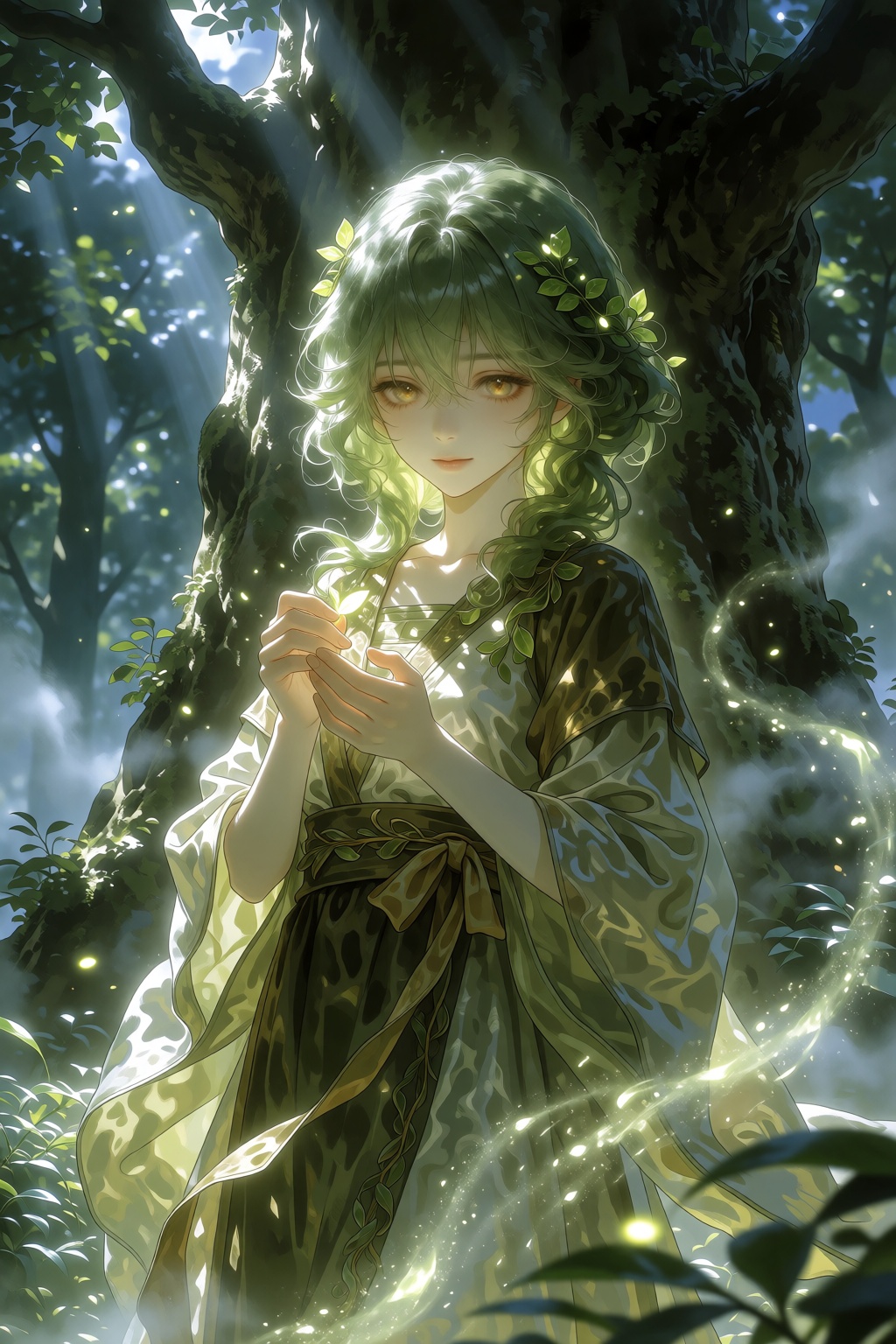 A lone figure,  a 1girl with soft wavy moss-green hair interwoven with tiny glowing leaves,  stands centered in this tranq...