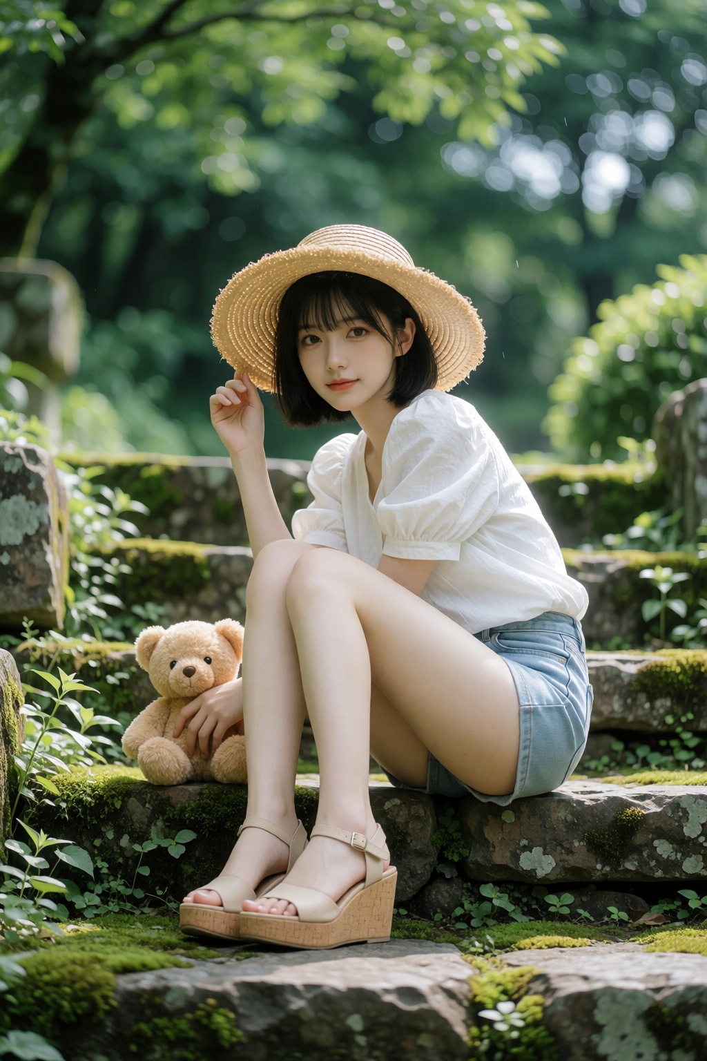 A realistic outdoor portrait photograph of a young East Asian woman with a short black bob haircut and straight bangs,  we...