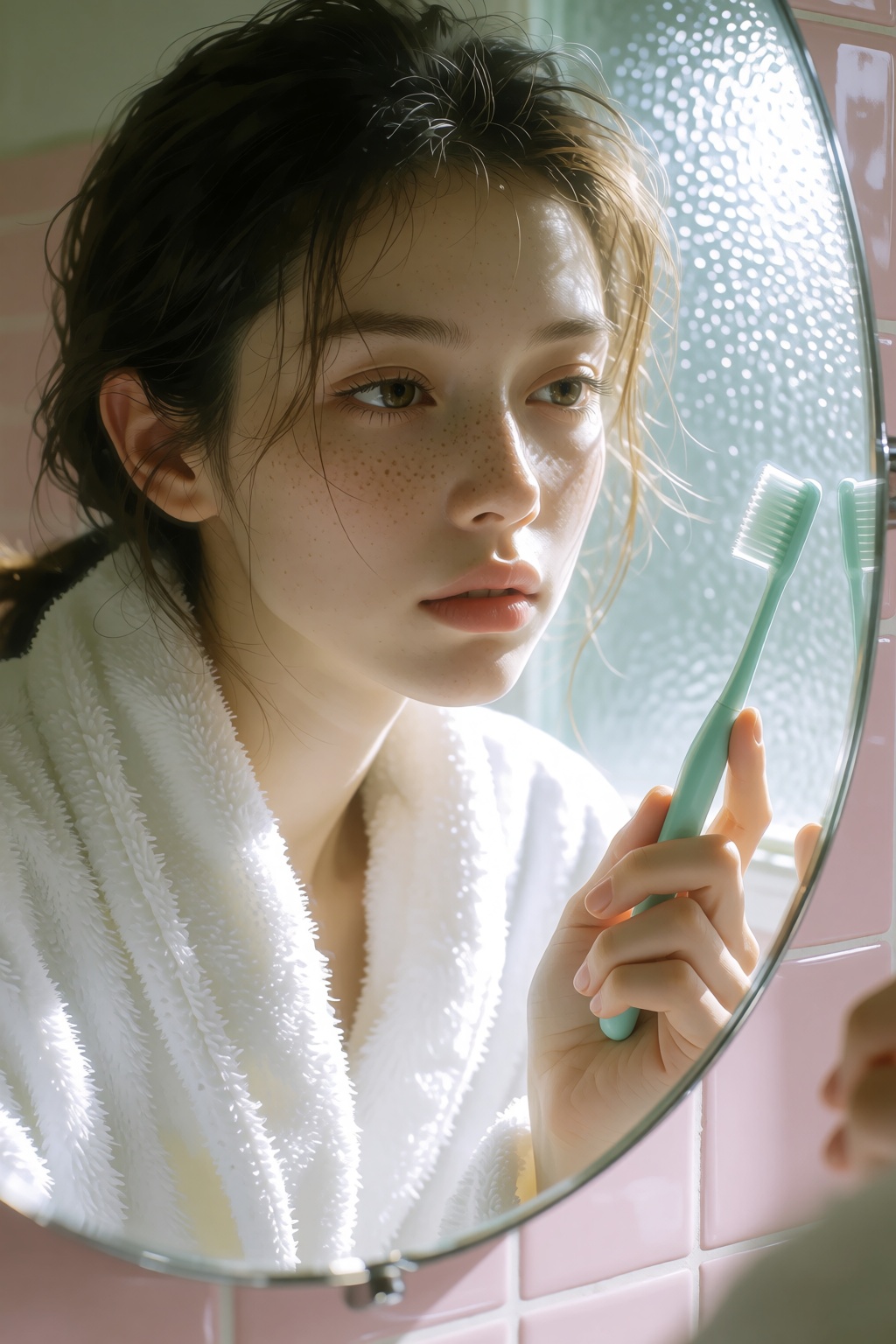 Close-up portrait of a woman with freckles,  no makeup,  wrapped in a fluffy white bathrobe. She holds a mint-green toothb...