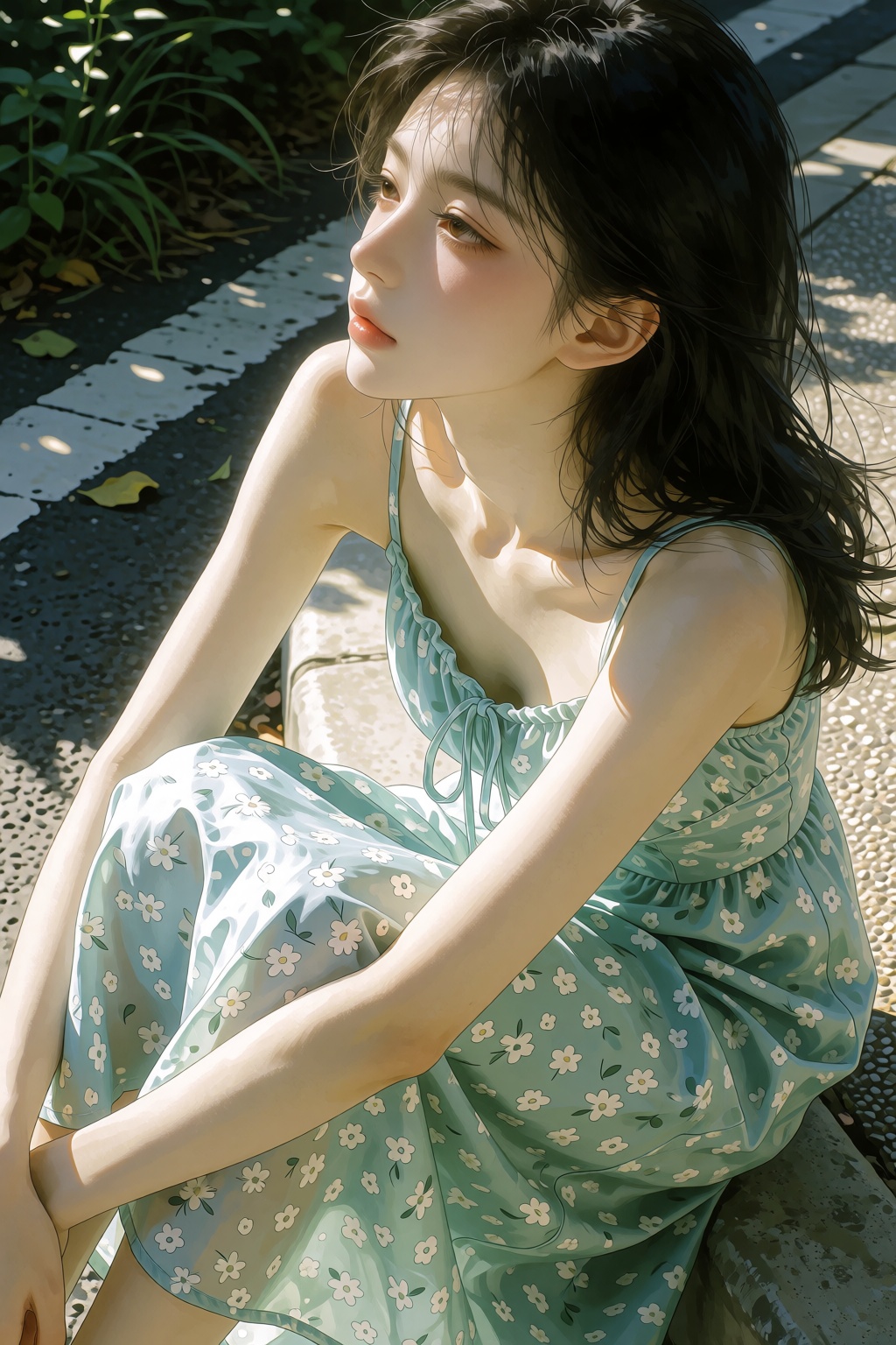A realistic vertical outdoor phone snapshot of a beautiful European girl 19 years old with black hair,  sitting beside a c...