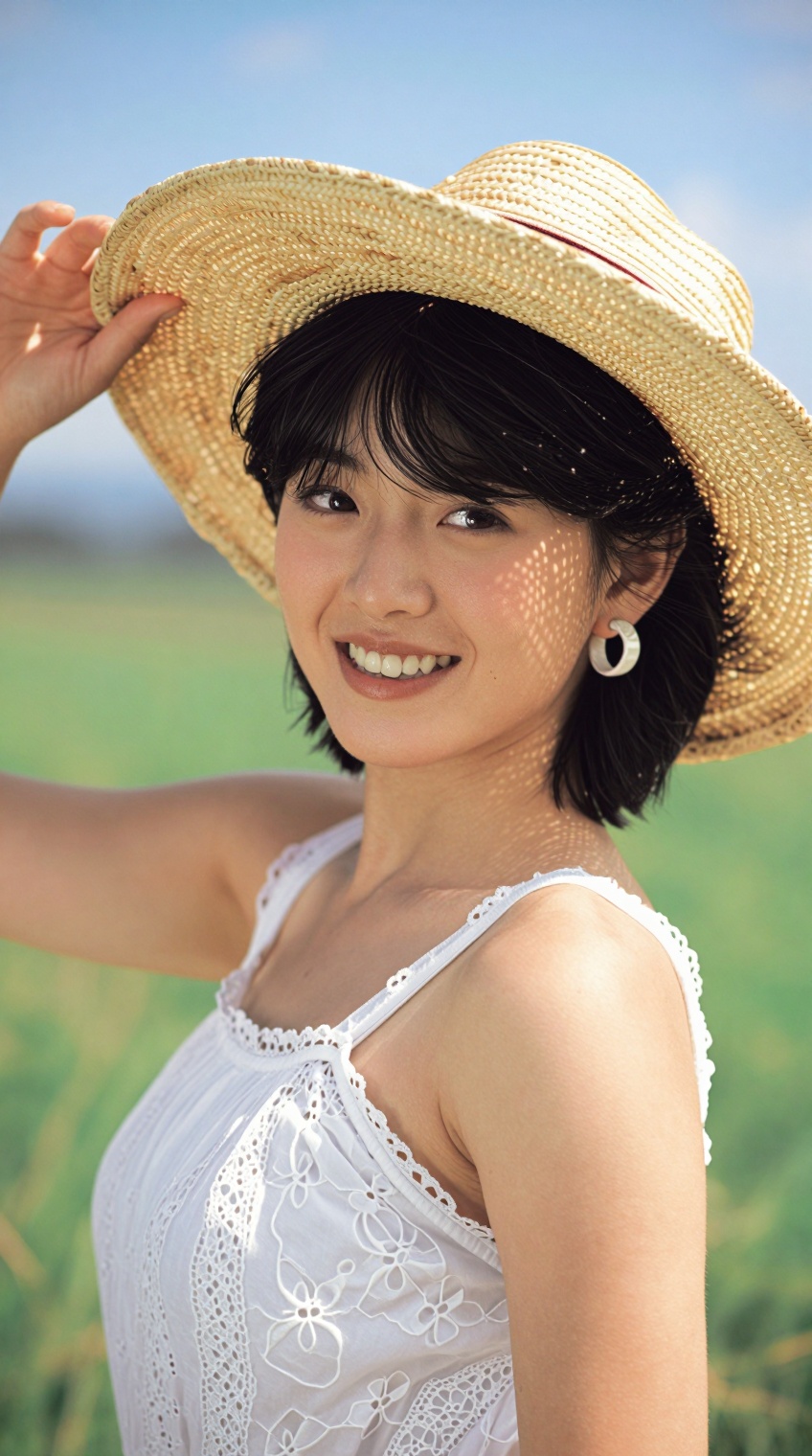A young woman with short black hair and bangs smiles warmly at the camera,  her right hand gently lifting the brim of a wi...
