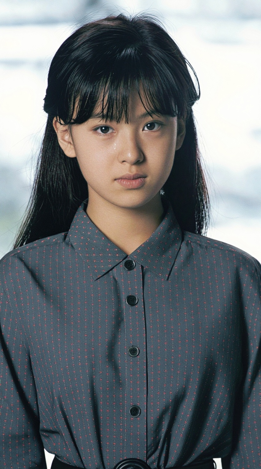A young woman with dark,  straight hair parted to the side and bangs gazes directly at the viewer with a calm,  neutral ex...