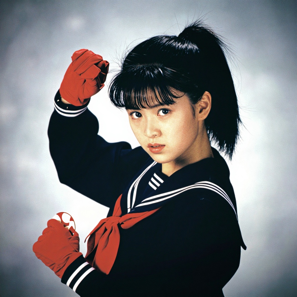 A young East Asian woman with a high ponytail and full bangs is positioned in a three-quarter profile,  looking directly t...