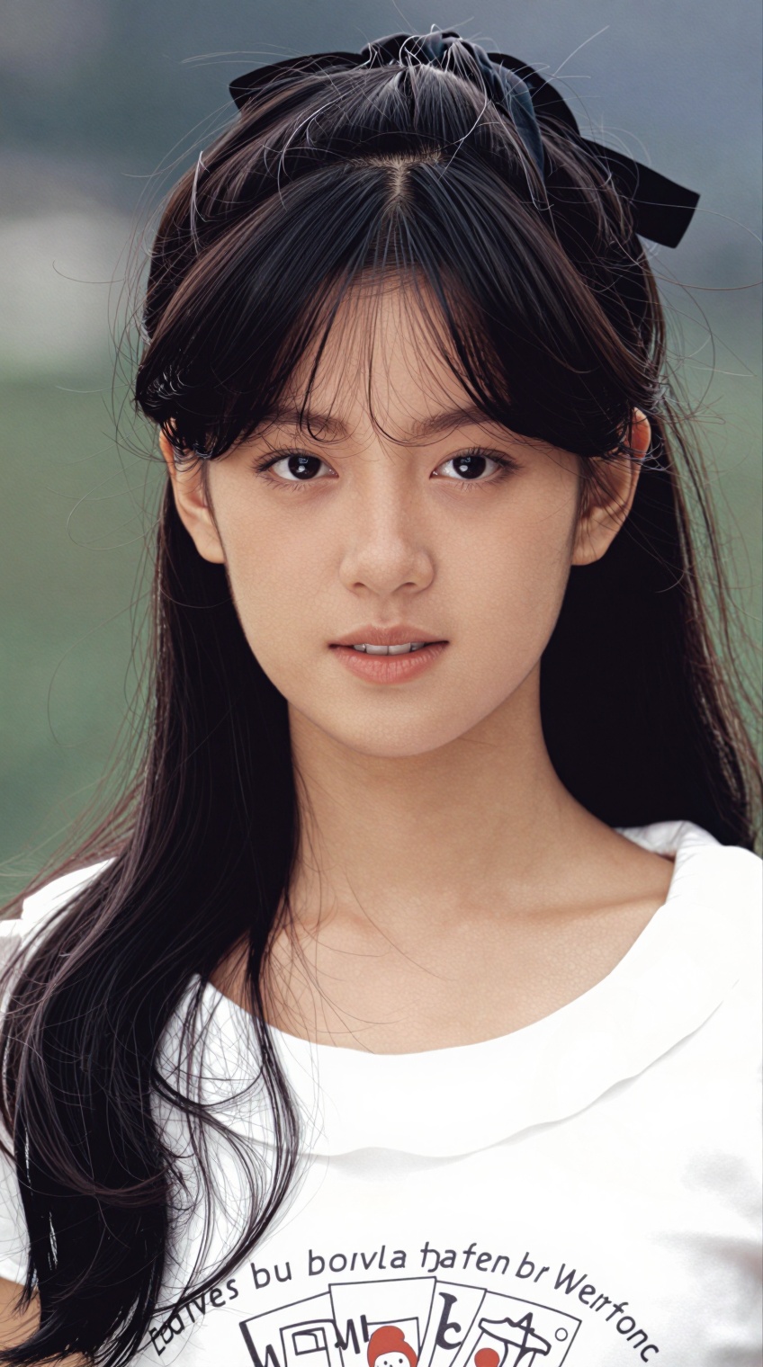 A young woman with long,  dark hair parted in the middle and secured by a black ribbon gazes directly at the viewer with a...