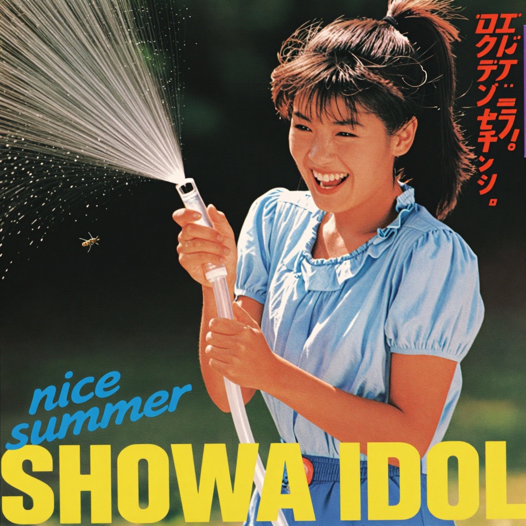 A smiling young woman with a high ponytail and bangs is featured in a retro magazine scan. She laughs brightly while holdi...