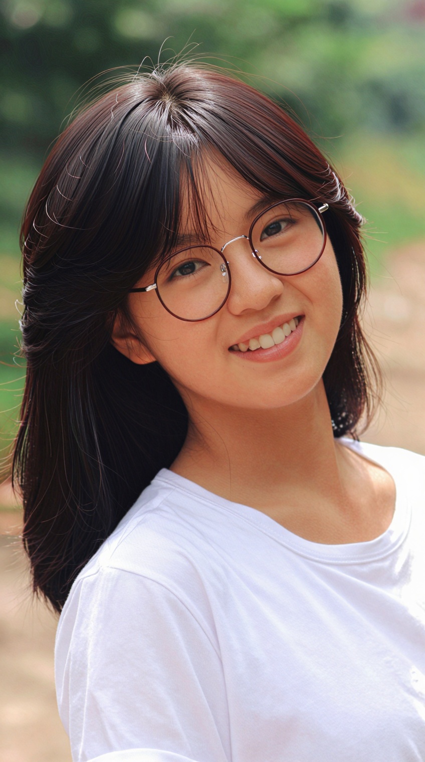 A young woman with dark,  shoulder-length hair and bangs smiles warmly at the camera,  wearing round glasses with thin red...