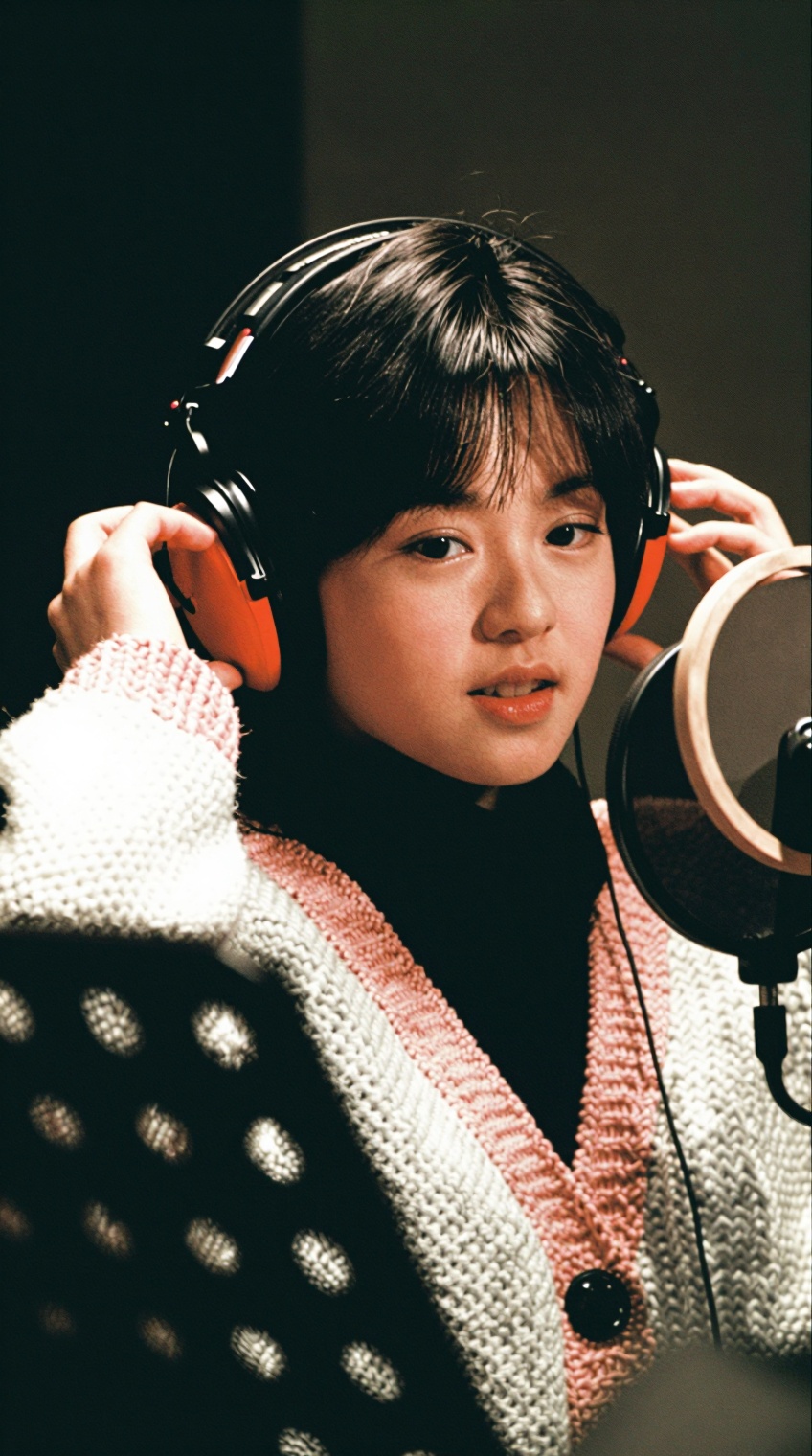 A young woman with short dark hair and bangs sits in a dimly lit recording studio,  wearing large over-ear headphones with...
