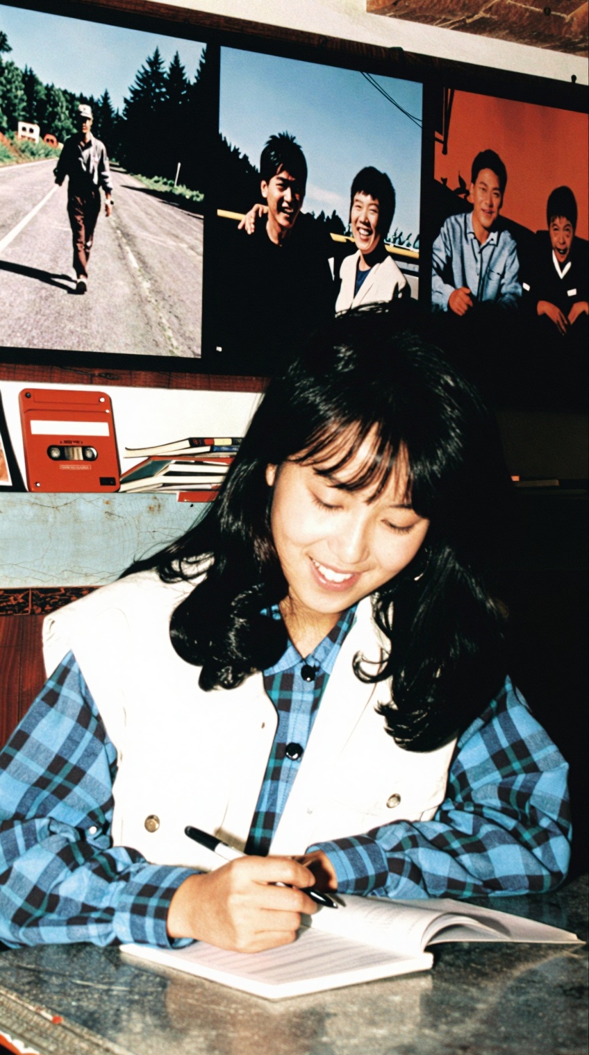 A young woman with dark,  wavy shoulder-length hair and bangs sits at a metallic table,  focused on writing in a small not...