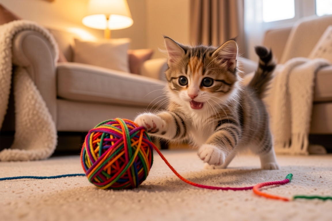 Create a cozy scene where a playful kitten is energetically chasing after a ball of vibrant yarn. The room is warm and inv...