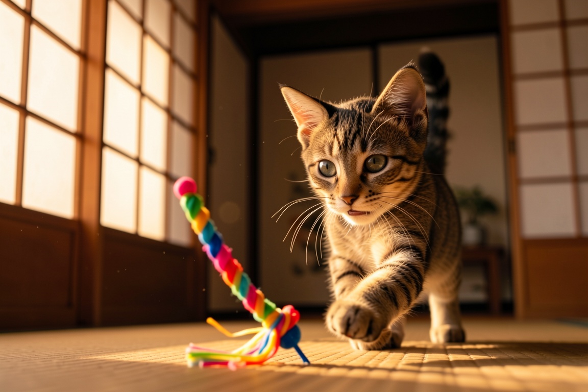 A tabby kitten chases a colorful lure through a traditional Japanese home,  with the camera positioned at the kitten's eye...