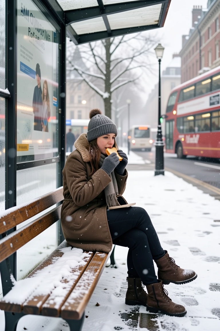 Natalya,  a woman with classic Slavic looks,  sits on a bench at a bus stop in London during a winter morning. She is dres...