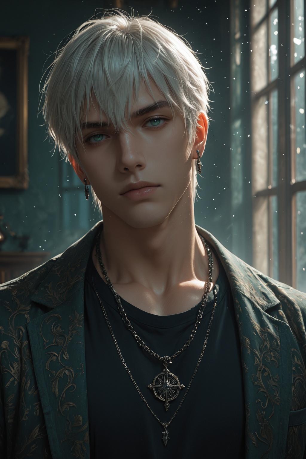 ............ ),  ,  solo looking at viewer short hair bangs shirt 1boy hair between eyes jewelry closed mouth green eyes j...