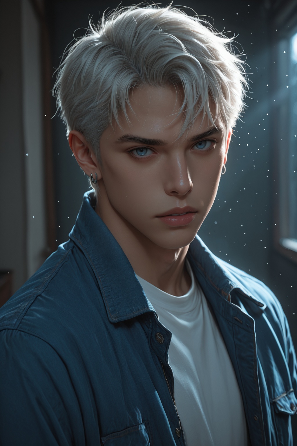 ............ ),  1 men,  solo looking at viewer short hair bangs blue eyes shirt 1boy jewelry jacket white shirt upper bod...