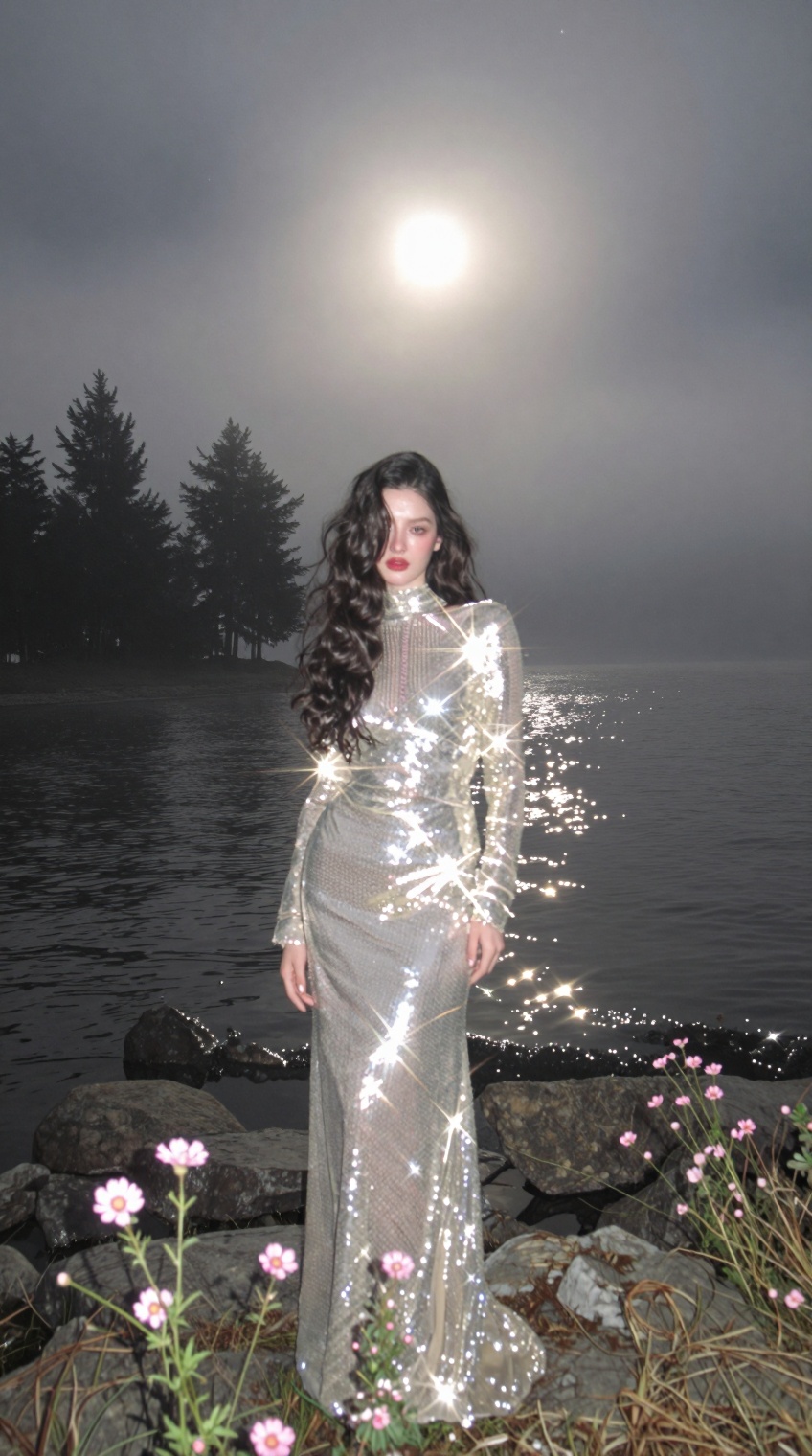 A woman with long,  wavy dark hair and red lipstick stands on a rocky shore beside a body of water at night. She wears a h...