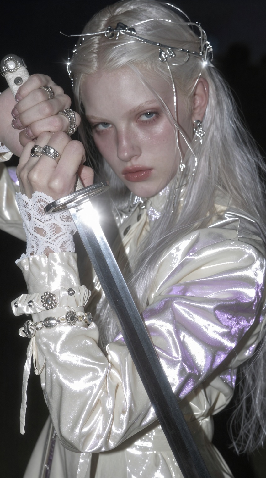 A pale-skinned figure with long,  straight platinum hair gazes intensely forward,  holding a gleaming katana-style sword d...