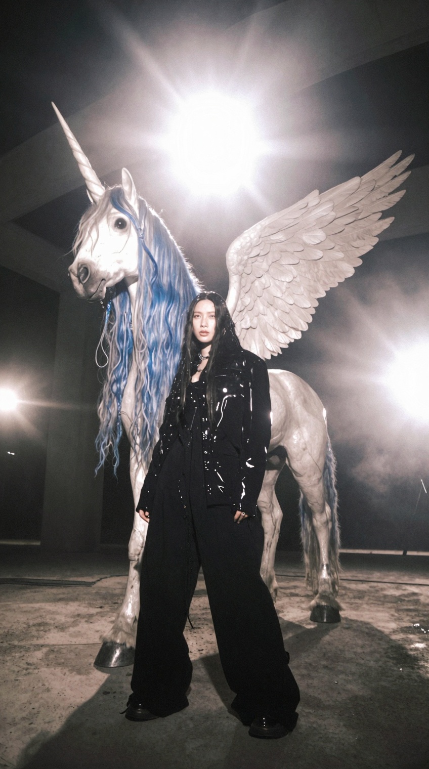 A woman dressed in a glossy all-black ensemble stands in the foreground of a dim,  concrete indoor space. She wears a dark...