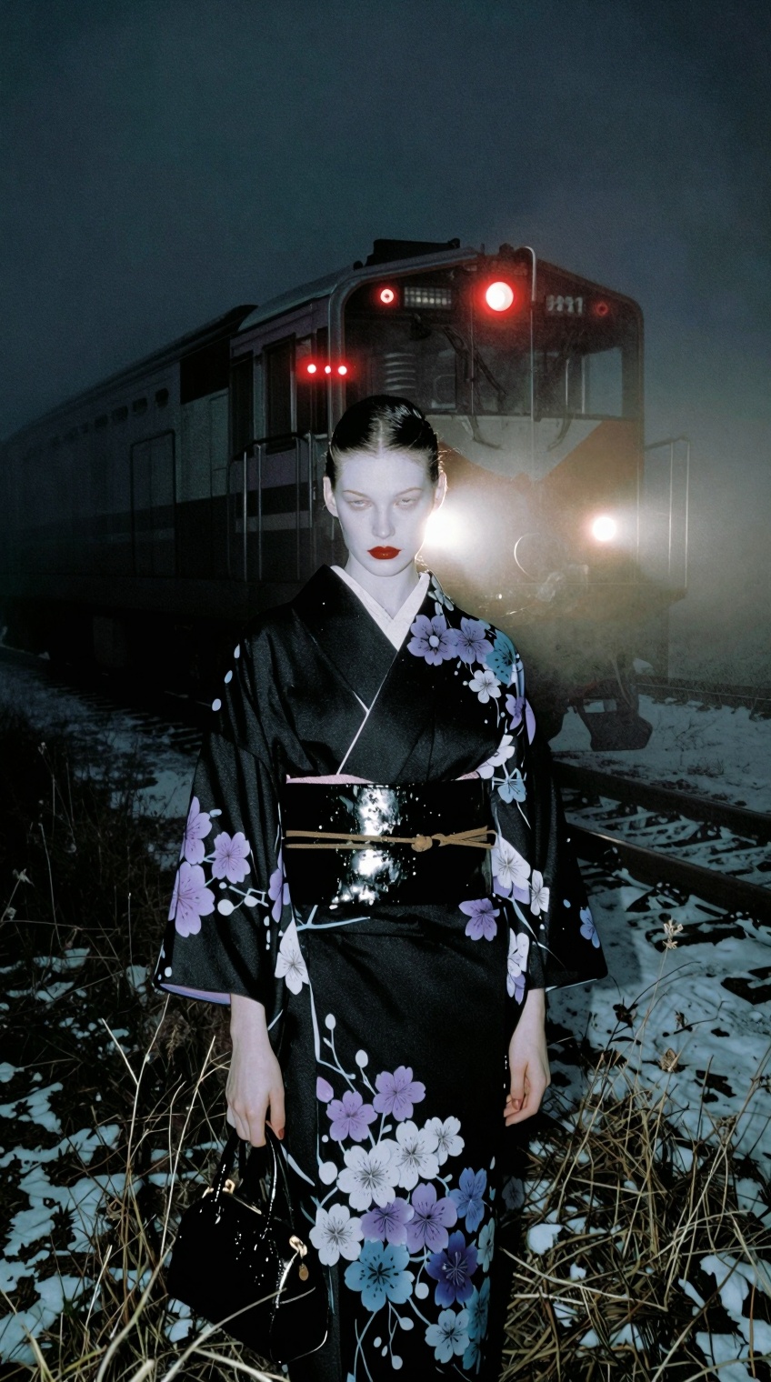 A pale-skinned woman with slicked-back dark hair and bold red lipstick stands on snowy,  grass-strewn ground under a misty...