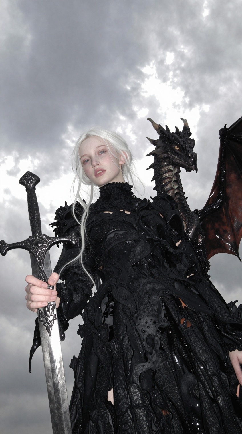 A pale-skinned woman with long,  straight white hair is captured from a low angle,  standing under an overcast grey sky. S...