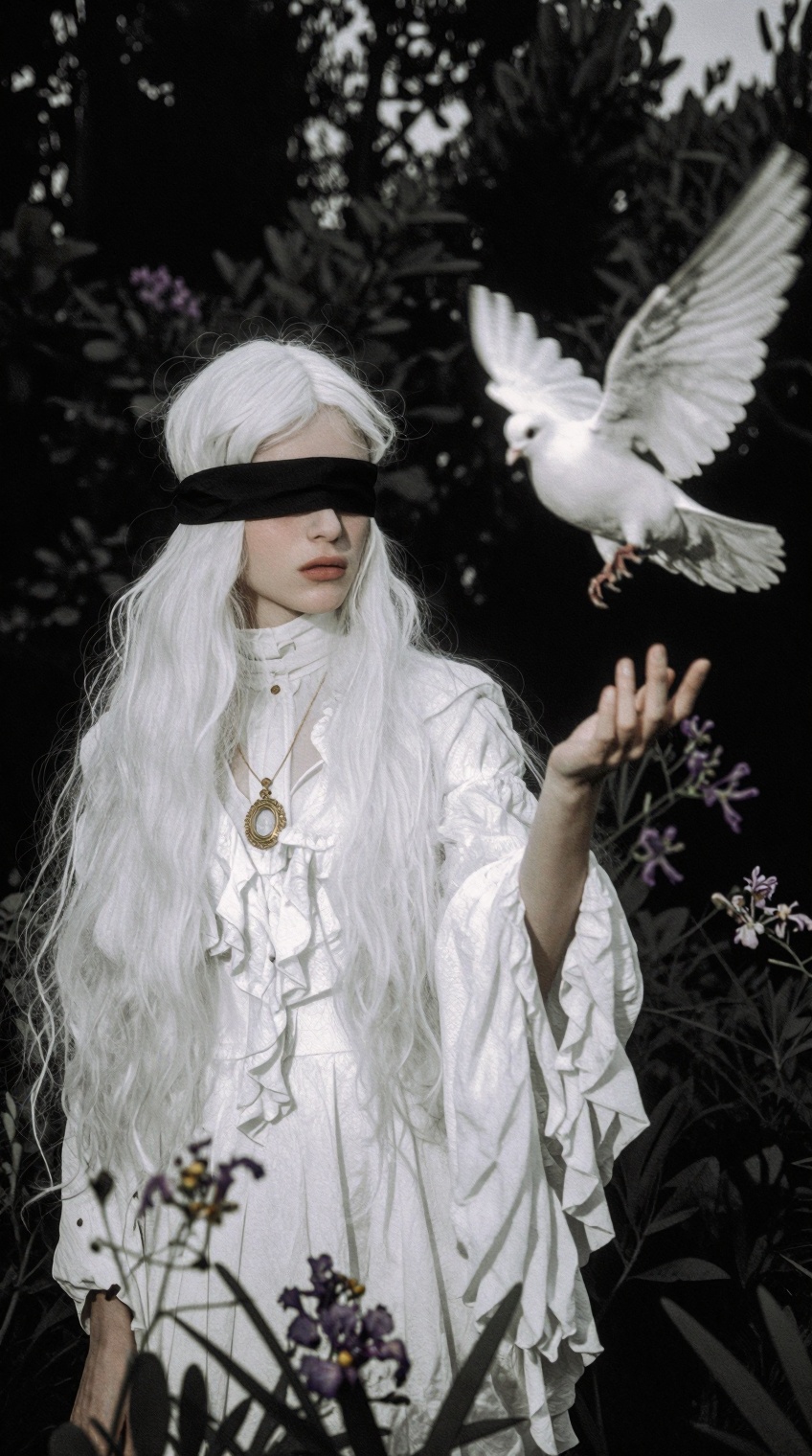 A pale woman with long,  straight white hair and a black fabric blindfold stands in a dark,  shadowy garden. She wears a h...