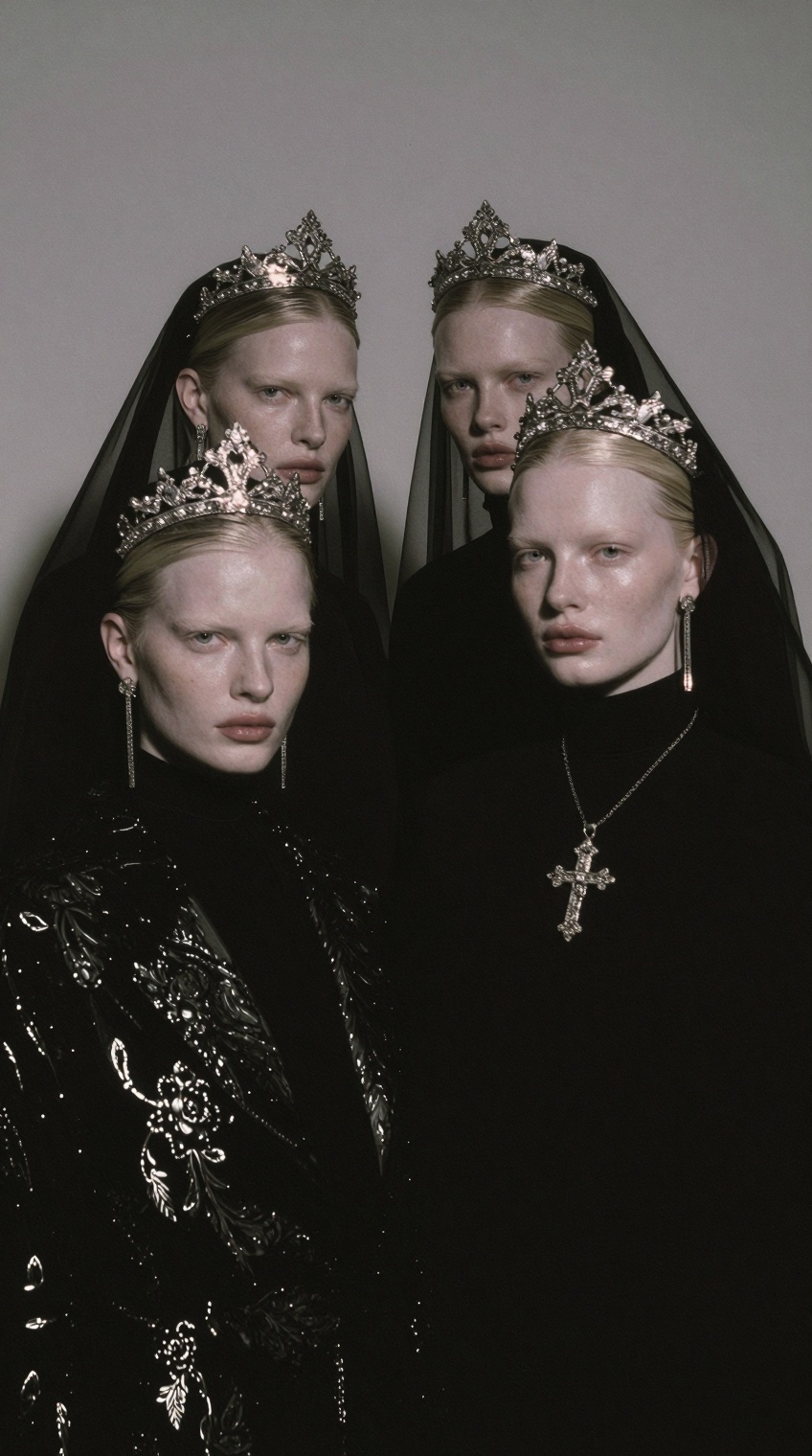 Four pale-skinned women with slicked-back blonde hair stand close together in a solemn group against a plain,  light grey...