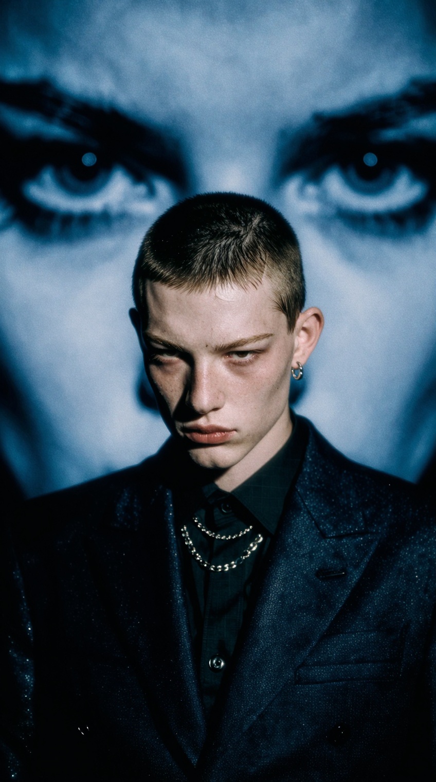 A young person with a closely cropped haircut and pale skin gazes downward,  their expression somber and introspective. Th...