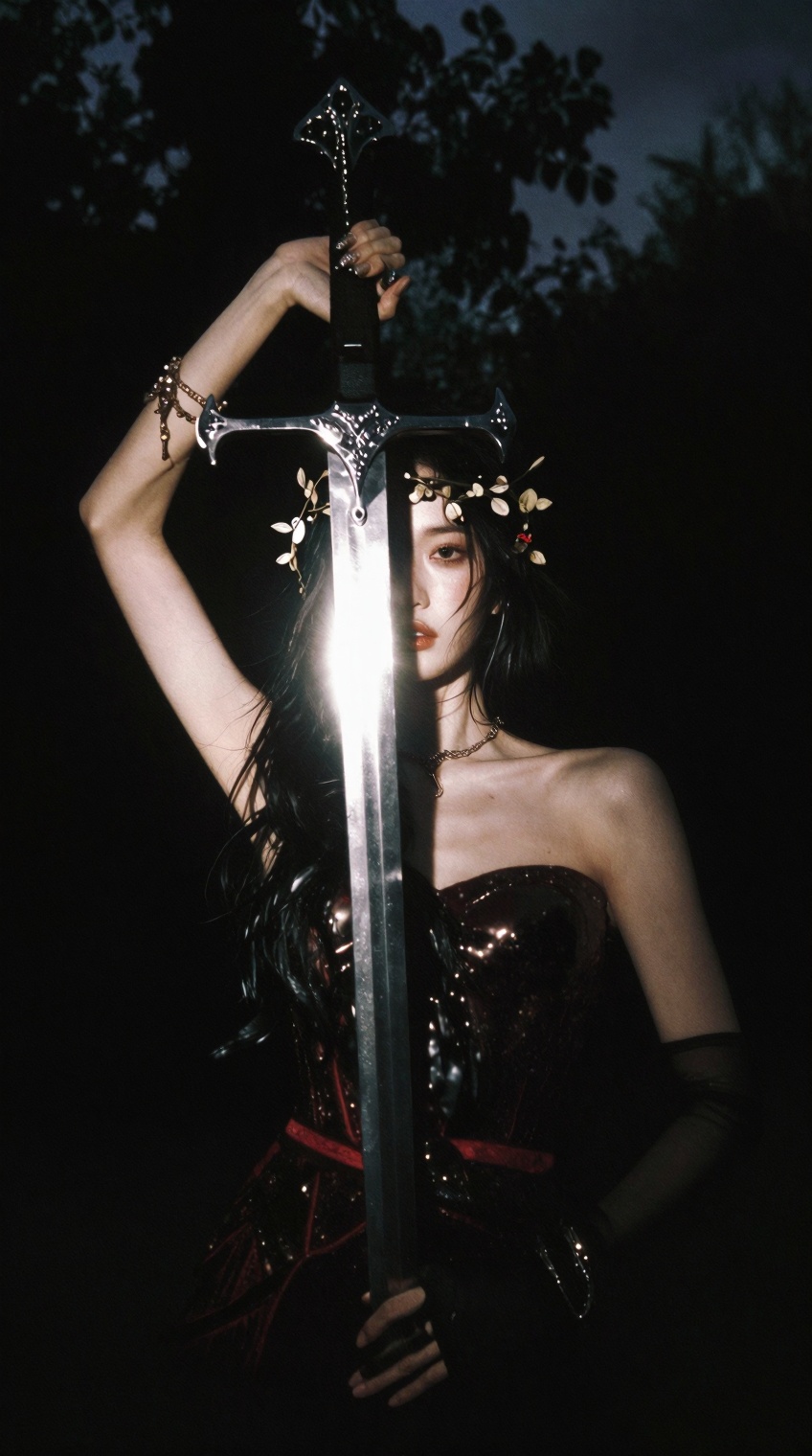 A woman with dark hair and a delicate crown of leaves and small flowers holds a long,  gleaming sword aloft,  its blade ve...