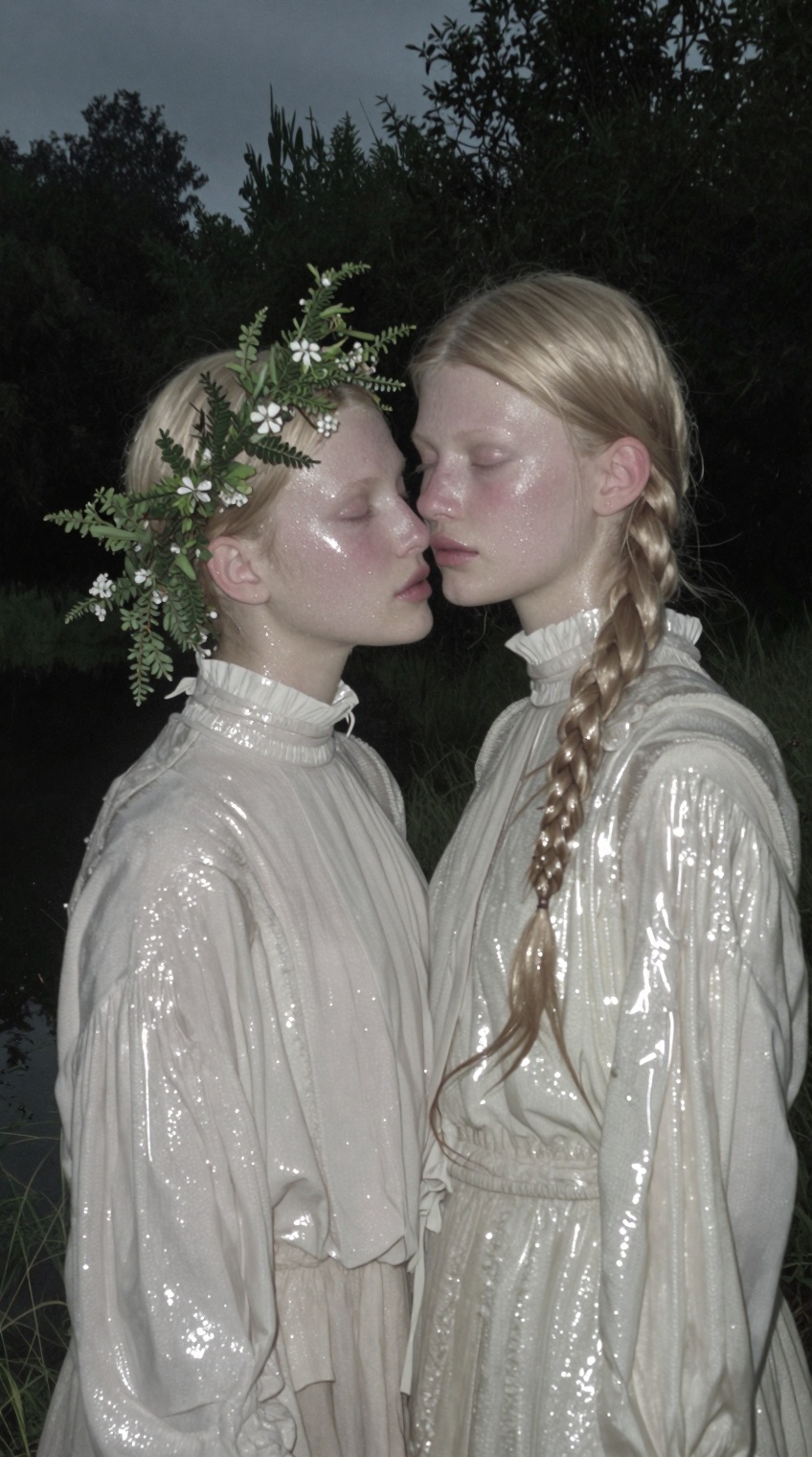 Two pale,  blonde women stand close together at night in a damp,  grassy outdoor setting. The woman on the left on Tensor.Art
