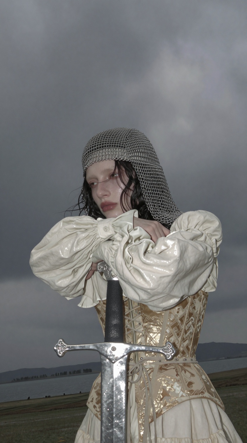 A person with dark hair and pale skin stands outdoors under a heavy,  overcast grey sky,  resting their folded arms on the...