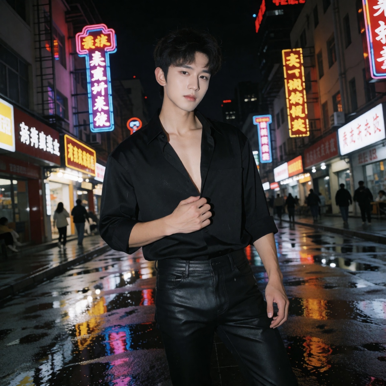 帅气性感的年轻男人JunJun,  短黑发,  穿着敞开的黑色衬衫露出胸肌和腹肌 on Tensor.Art