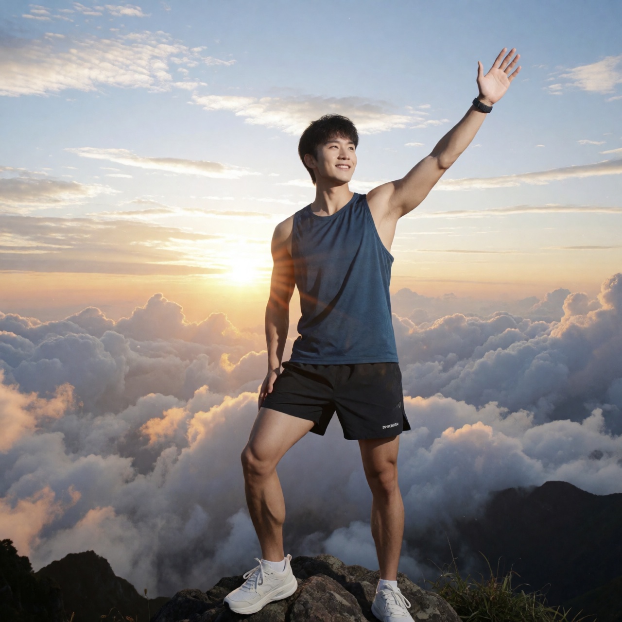 肌肉线条明显的年轻男人,  短黑发,  穿着运动背心和跑步短裤 on Tensor.Art
