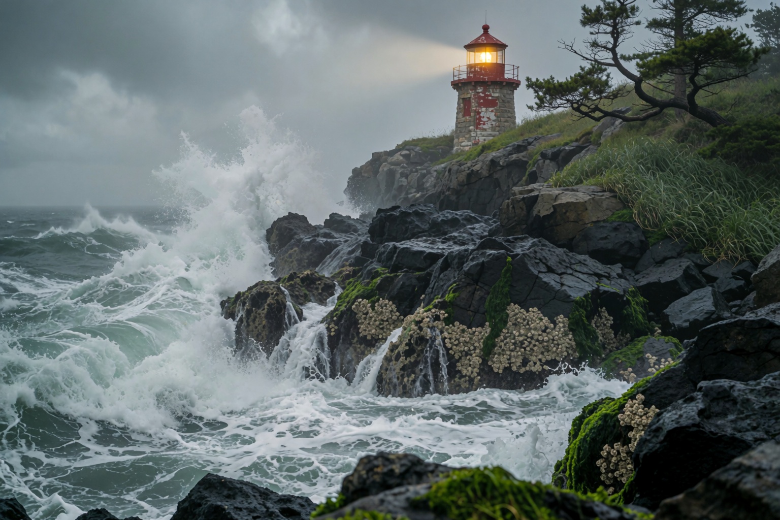 A rugged coastal cliffside battered by towering,  turbulent ocean waves under a heavy,  overcast sky. Jagged on Tensor.Art