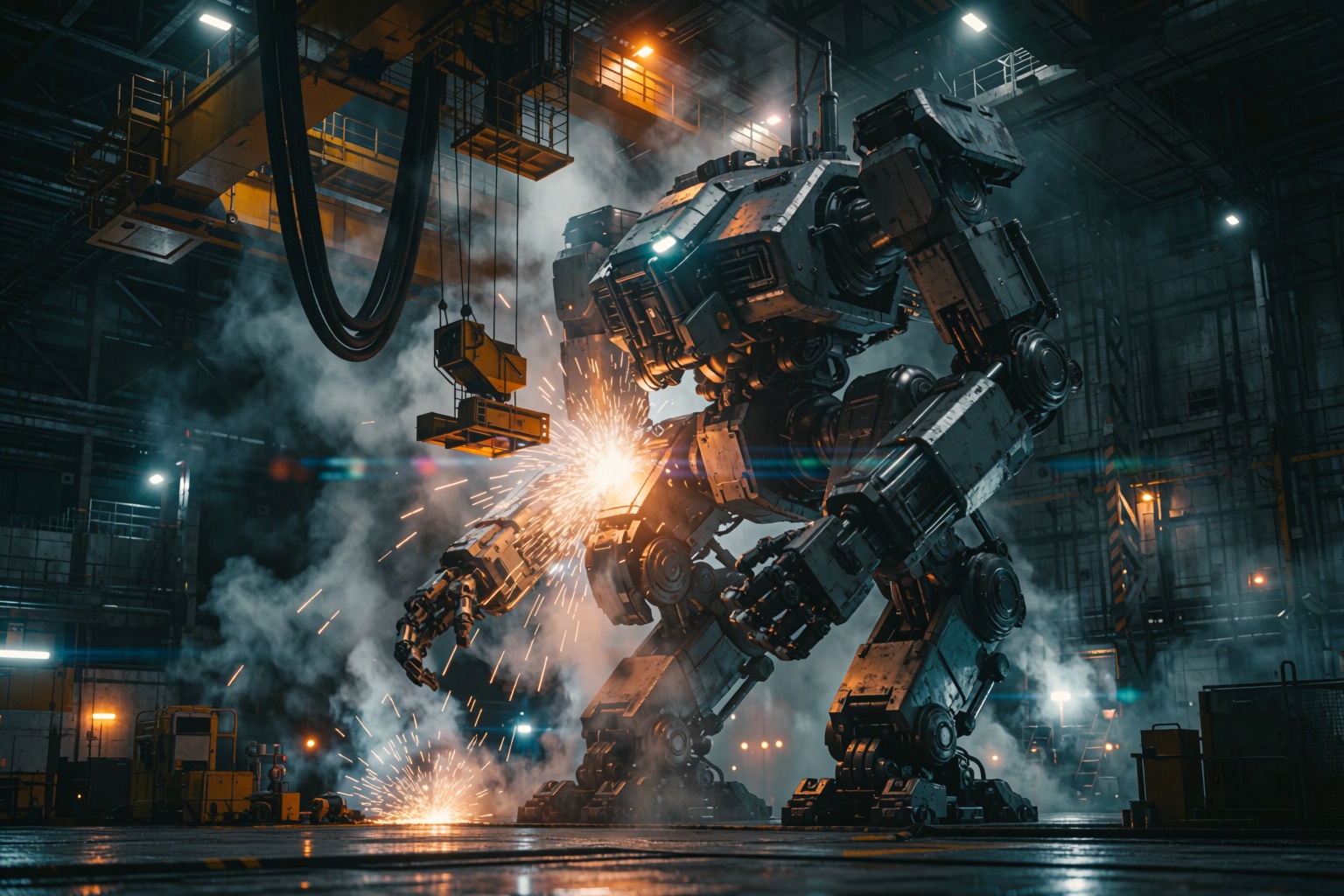 A colossal,  rain-slicked sci-fi mech hangar bay,  featuring a towering bipedal robot under intense maintenance. Massive i...