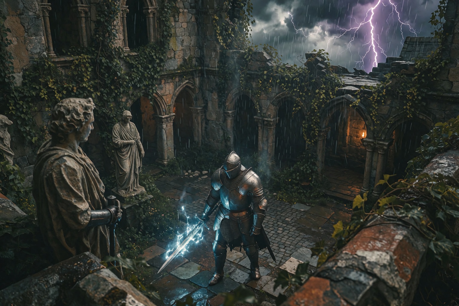 A sweeping,  high-angle cinematic shot of a decaying medieval fantasy castle courtyard overrun by creeping dark ivy and sh...