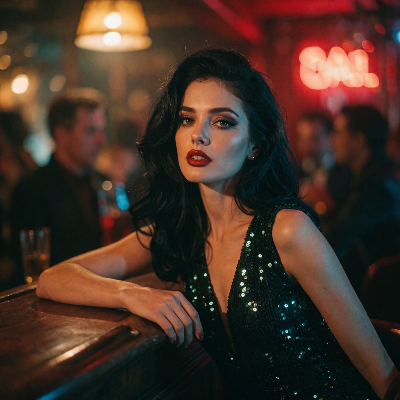 A beautiful sultry woman resting against a dark mahogany bar counter in a dimly lit,  smoky jazz club. She has voluminous...