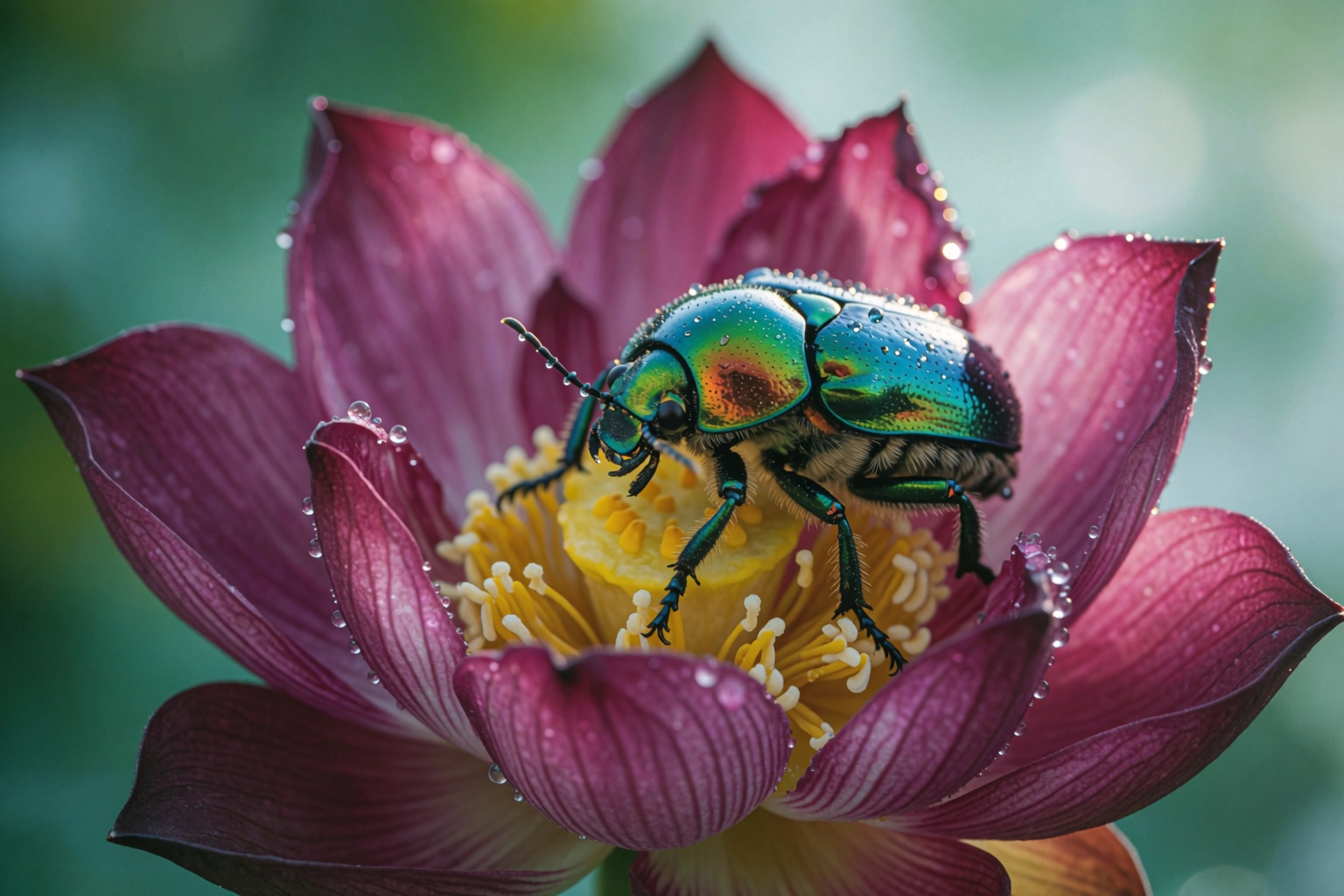 A close-up view of a striking iridescent jewel beetle resting on the velvety,  deep magenta petals of a blooming lotus flo...