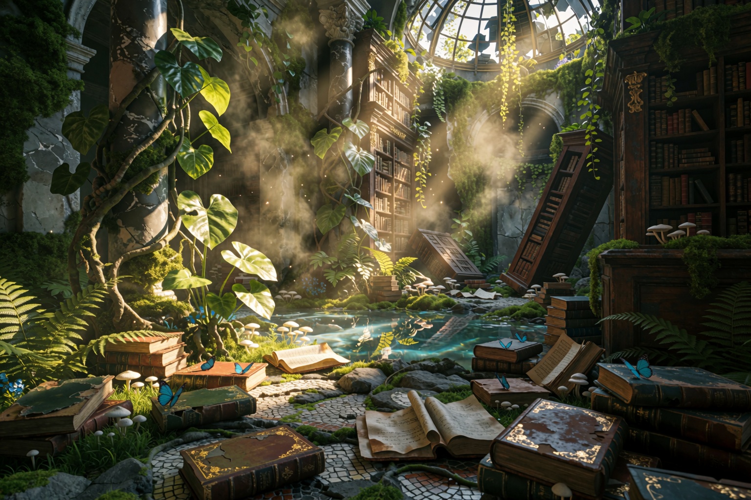 A vast,  ruined library overtaken by lush,  vibrant nature. Thick green vines with large on Tensor.Art