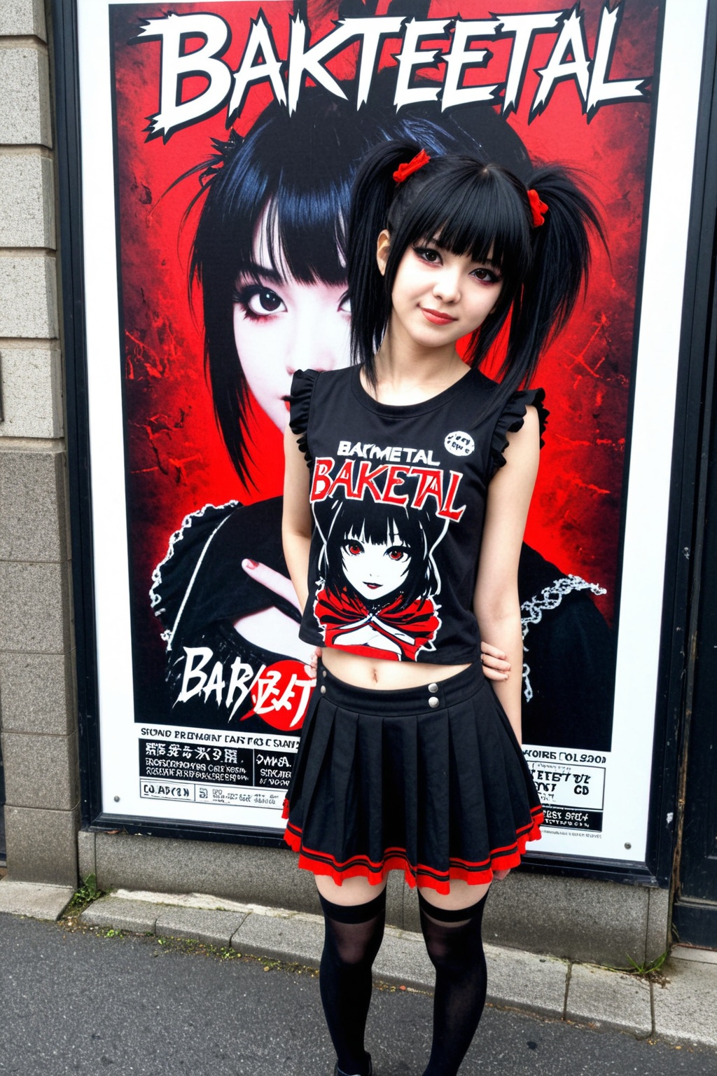 Photograph of an emo woman on a street posing in front of a "babymetal" concert poster,  posing in a kawaii style. on Tens...