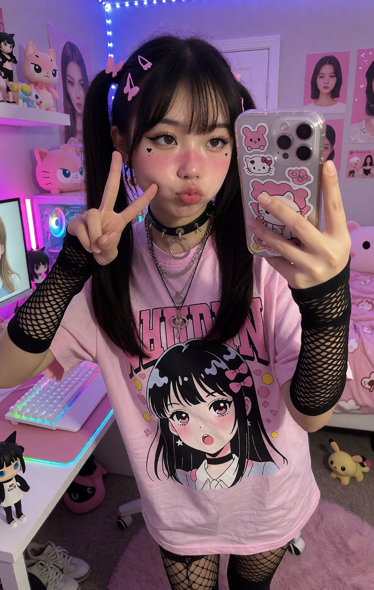 A cute asian e-girl in her early twenties takes a mirror selfie,  korean girl,  cute on Tensor.Art