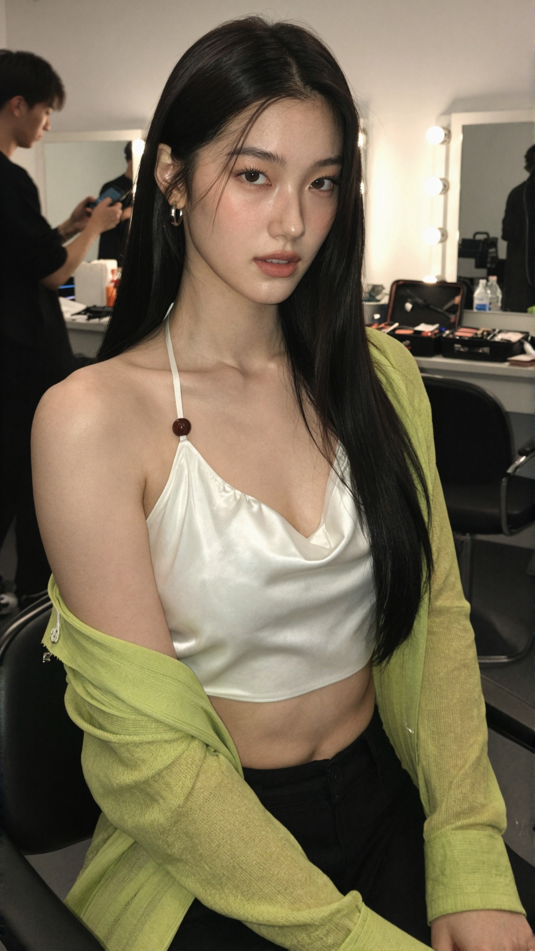 A young woman with a compact heart-shaped oval face,  moderately broad forehead,  high softly blended cheekbones on Tensor...