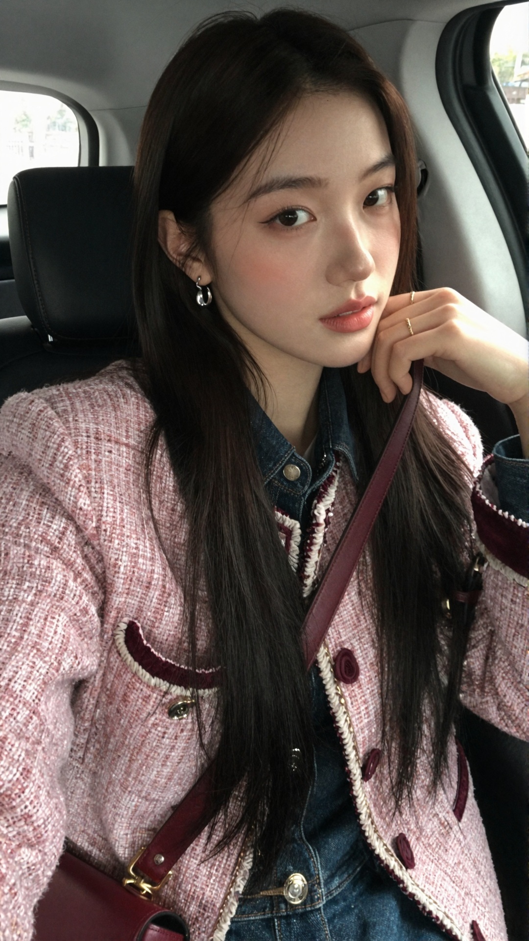 A young woman with a soft,  rounded oval face and a gently defined jawline,  fair smooth skin with a natural even finish a...