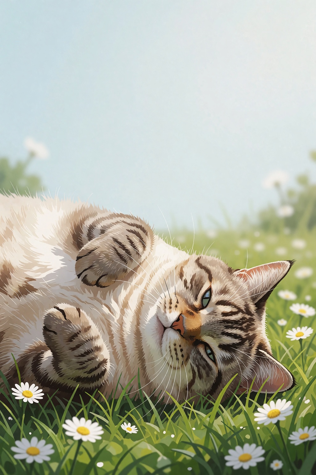 A semi-realistic illustration captures a warm cream and tabby cat mid-roll,  its playful relaxed pose captured with natura...