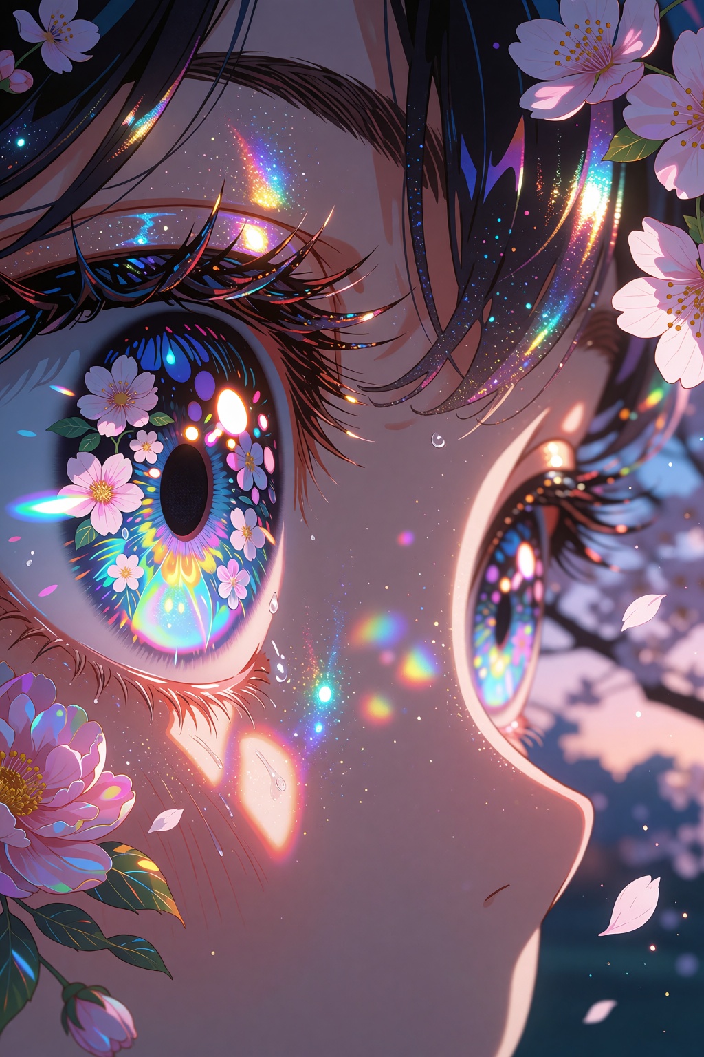 An ultra-detailed close-up captures the luminous,  oversized eyes of an anime girl whose irises are transformed into a liv...