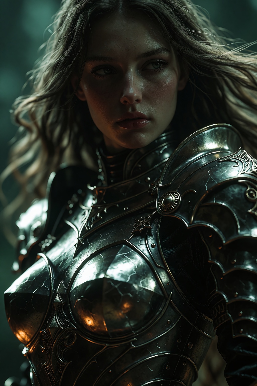 A hyper-detailed digital artwork captures a majestic young woman in exquisite armor,  her figure rendered with the gritty...